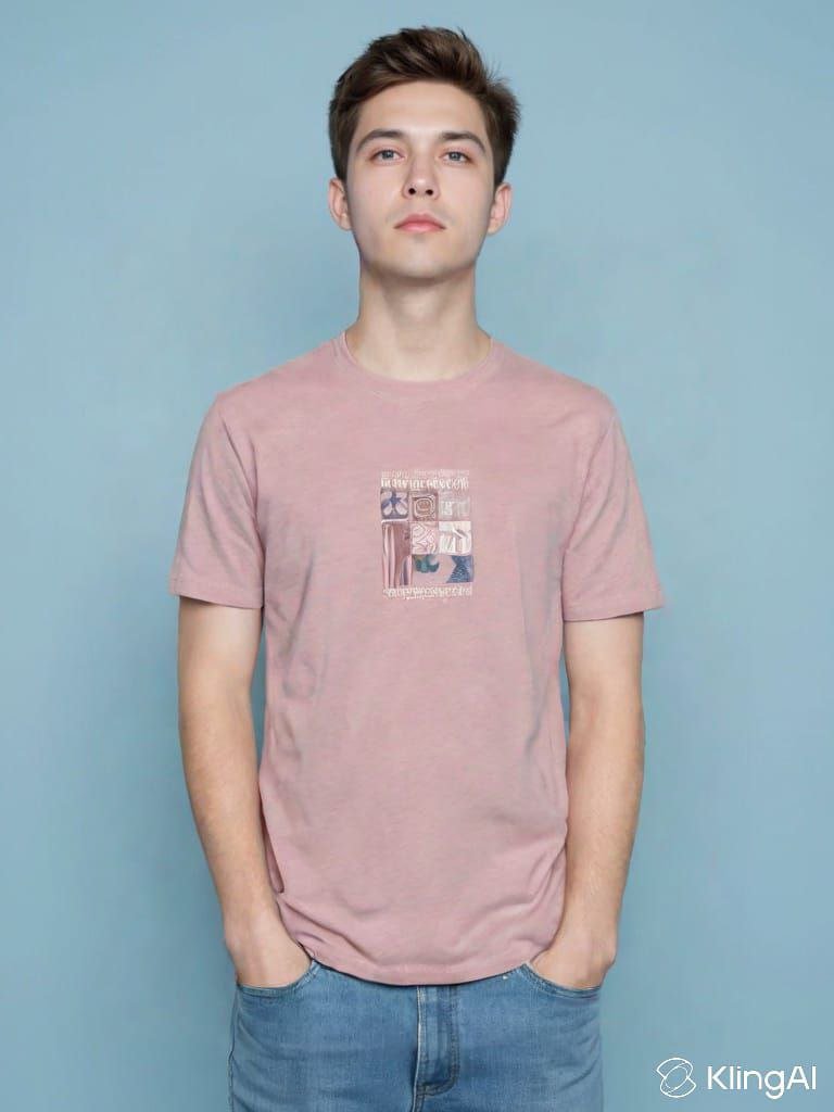Men’s Minimalist Graphic Cotton T-Shirt in Dusty Pink by Ropa de Roma Man wearing dusty pink minimalist graphic cotton t-shirt by Ropa de Roma